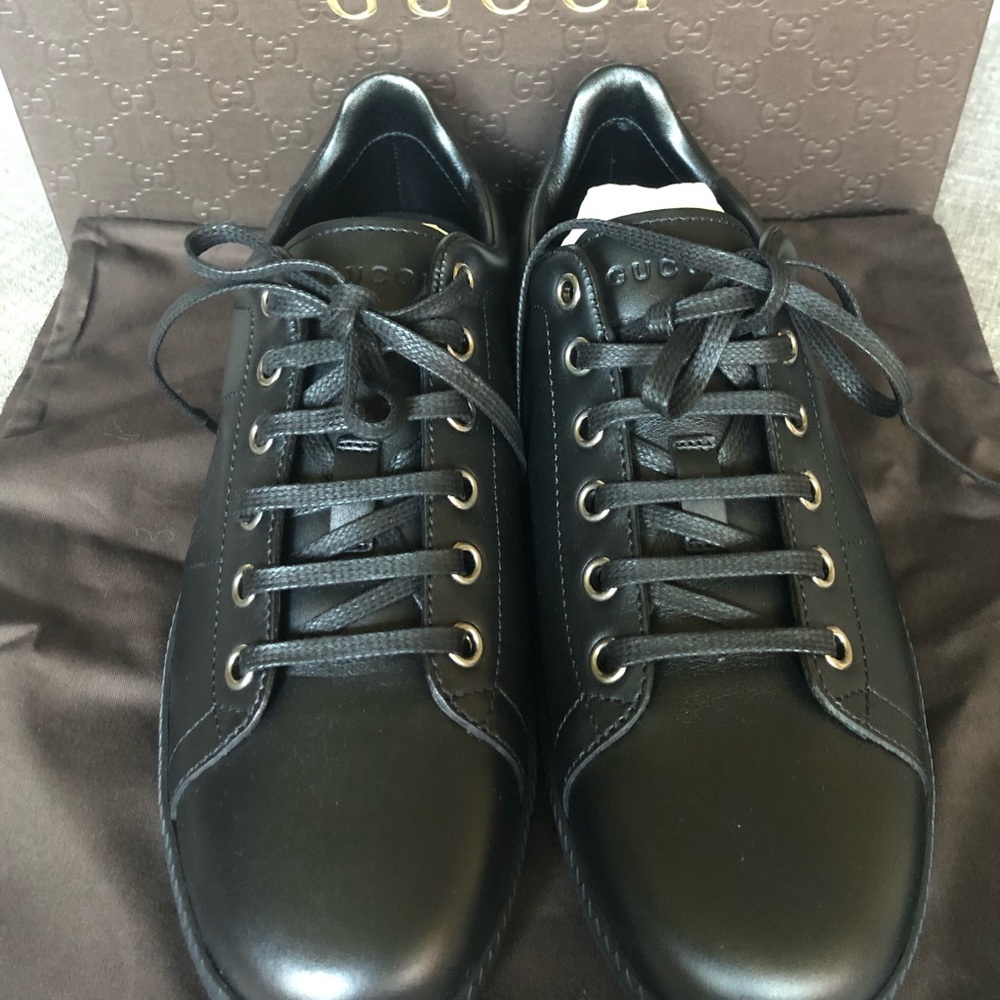 NWT Gucci Black Embossed Calfskin Leather Sneakers – Size 5.5, Made in Italy